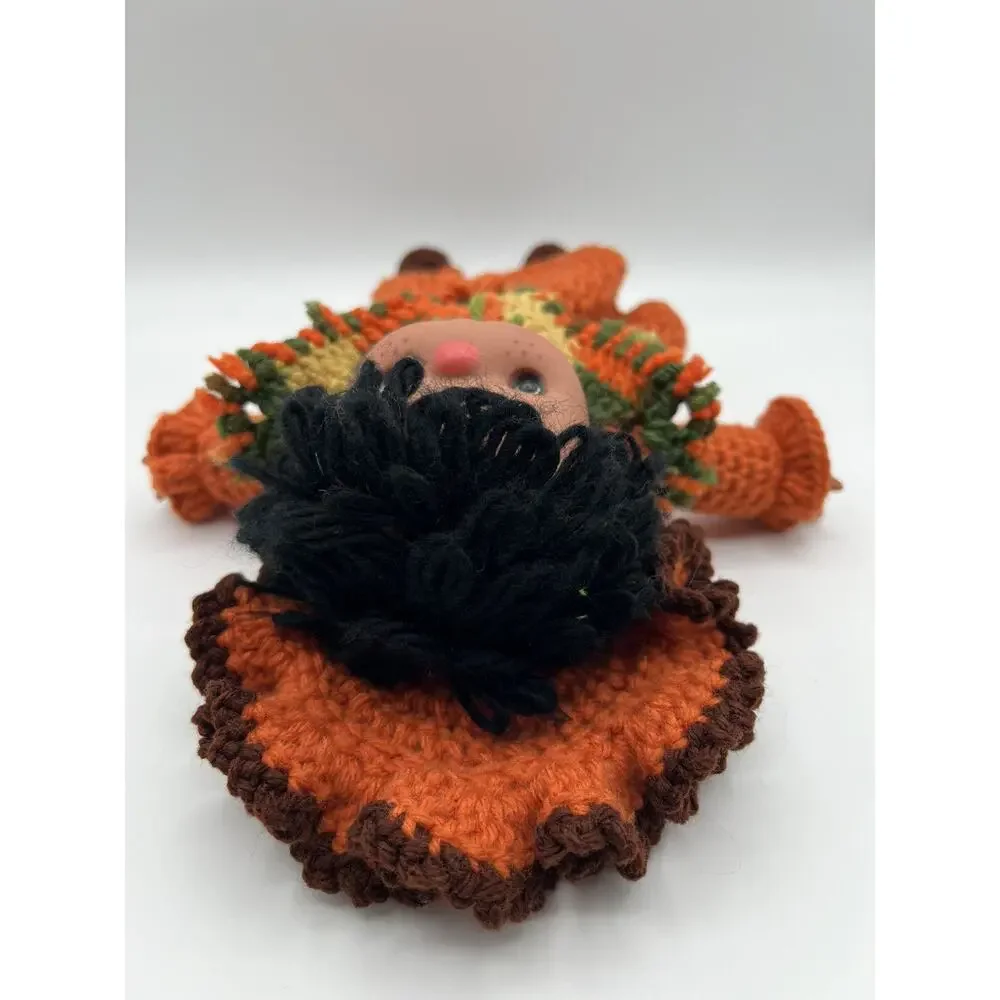 1970s Crochet Doll Fall Harvest Orange Green Gold Dark Hair Freckles 12” Vintage